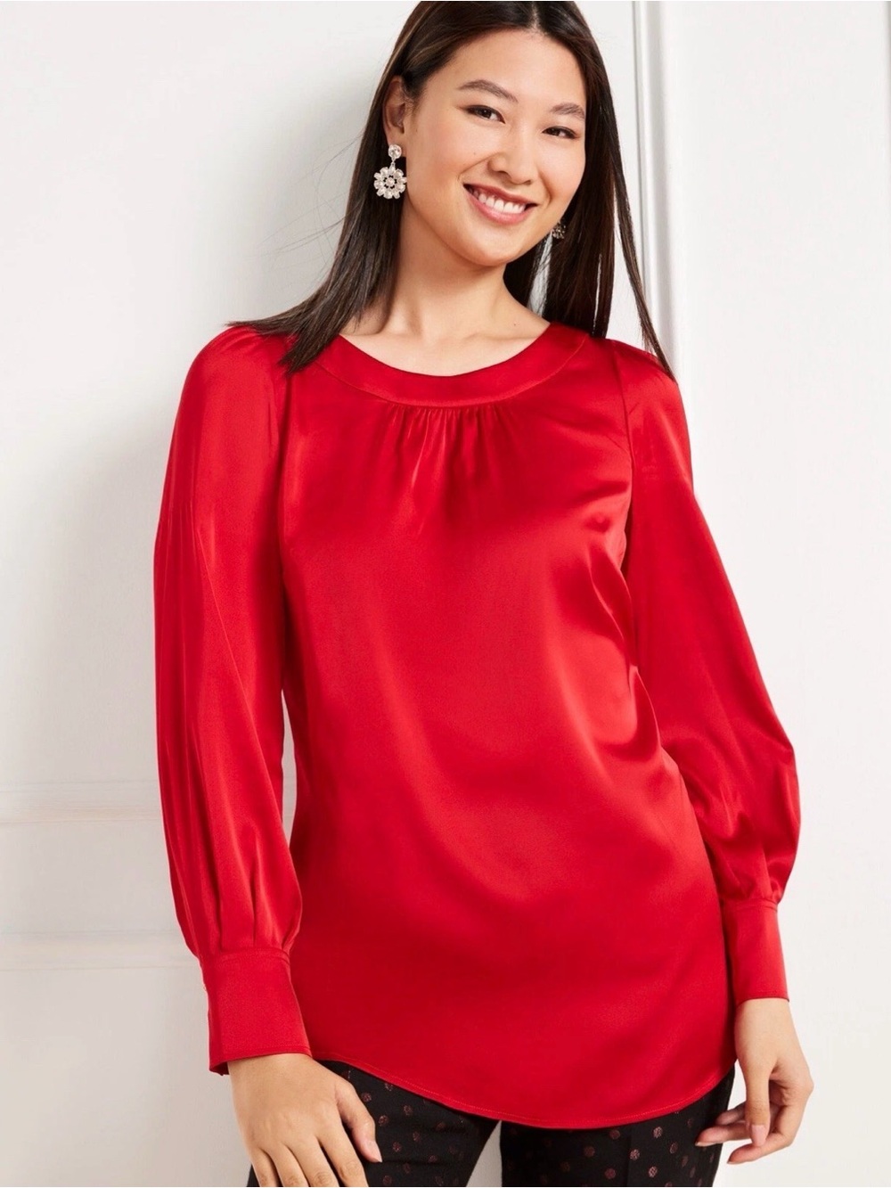 Talbots Red Satin Tie Back Top Long Sleeve Blouse - crystal details on sleeves